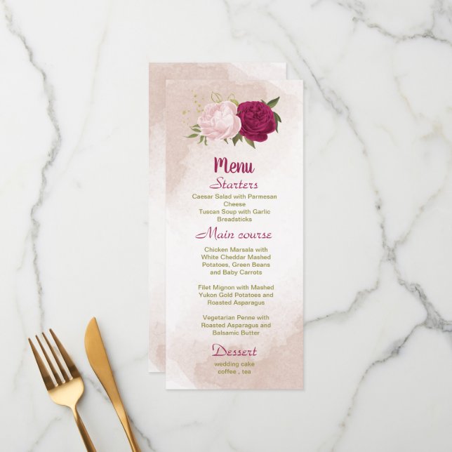 magenta rosa Blume Grün Blätter Hochzeit Menükarte (Vorderseite/Rückseite Beispiel)