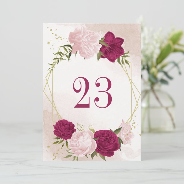 magenta rosa Blume grün Blätter Tischnummer (Stehend Vorderseite)