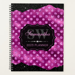 Magenta Rosa Glitterpunkte & Schwarze Ränder Monog Planer