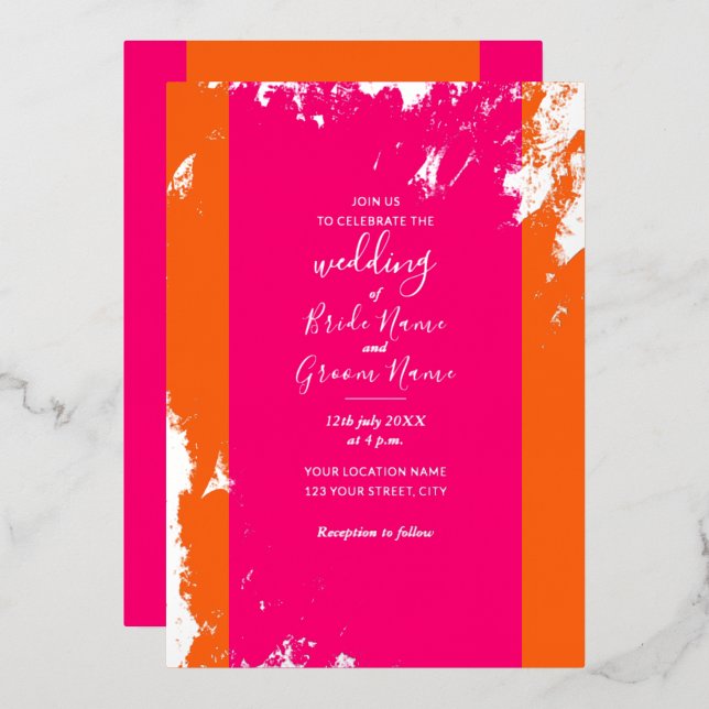 Magenta Rosa Orange Gold Grain Folieneinladung (Vorderseite/Rückseite)