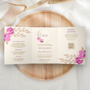 Magenta Rosa Orchideen Blumen QR Code Elfenbein Ho Dreifach Gefaltete Einladung