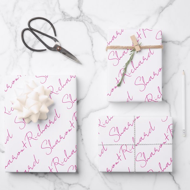 Magenta rosa Schriftzeichen Namen Hochzeit Geschenkpapier Set (Vorderseite)