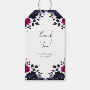 Magenta Rosa und Blau Ink Blumen-Aquarell-Hochzeit Geschenkanhänger