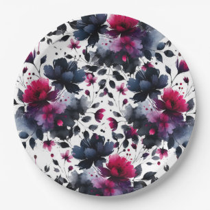 Magenta Rosa und Blau Ink Blumen-Aquarell-Hochzeit Pappteller