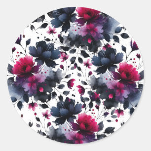 Magenta Rosa und Blau Ink Blumen-Aquarell-Hochzeit Runder Aufkleber