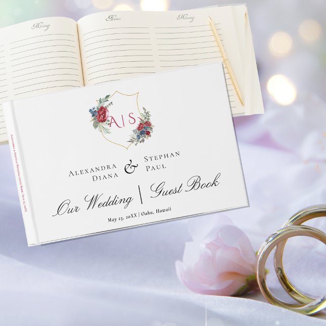 Magenta Rose Botanisches Wappen Monogramm Gästebuch (Von Creator hochgeladen)