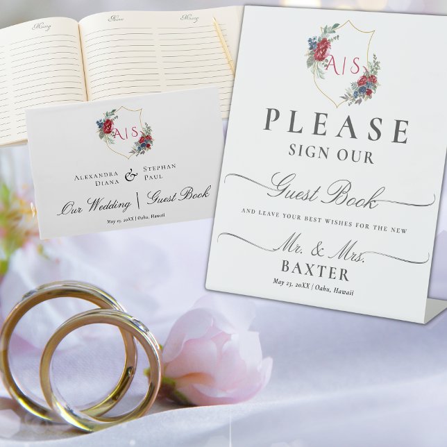 Magenta Rose Botanisches Wappen Monogramm Sockelschild (Von Creator hochgeladen)