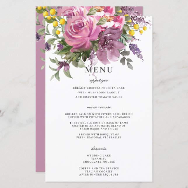 Magenta Rose violet Floral Boho Chic Mariage Menu (Devant / Derrière)