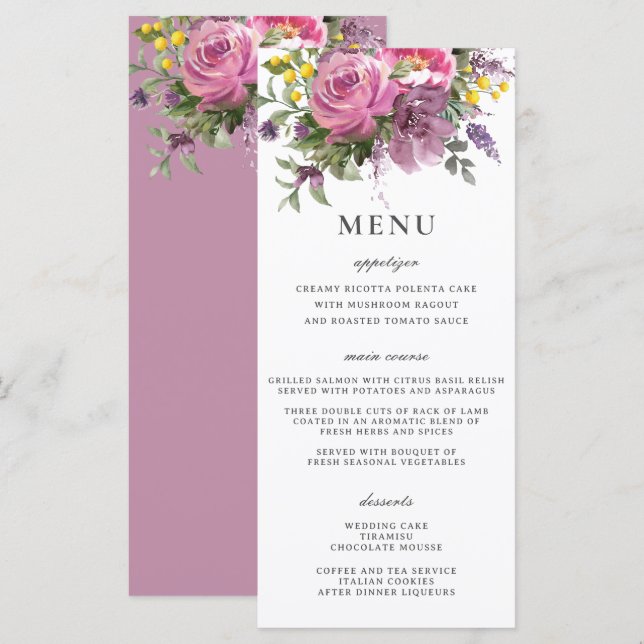 Magenta Rose violet Floral Boho Slim Mariage Menu (Devant / Derrière)