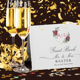 Magenta Roses Botanical Crest Wedding Monogram  Gästebuch