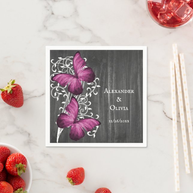 Magenta Rustic Butterfly Brautparty Napkin Serviette (Beispiel)
