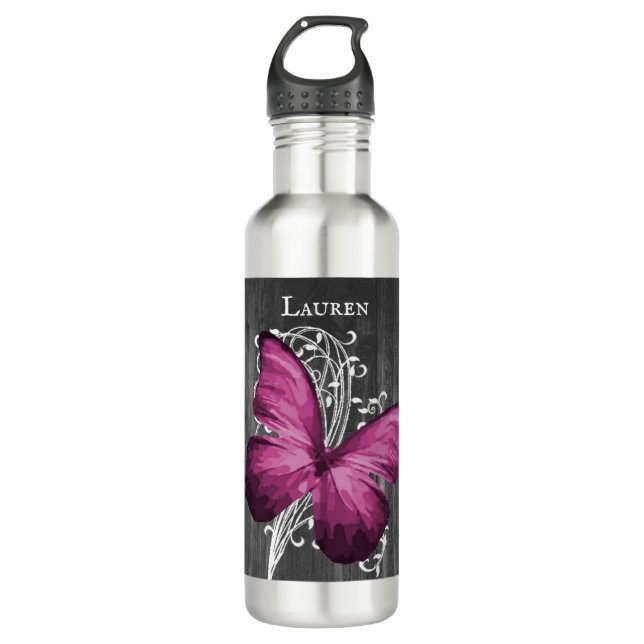 Magenta Rustic Butterfly Personalisiert Edelstahlflasche (Vorderseite)