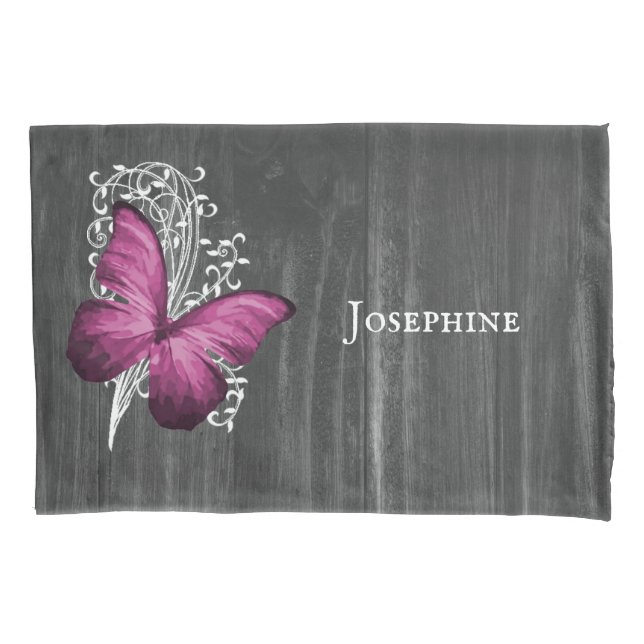 Magenta Rustic Butterfly Personalisiert Pillowcase Kissenbezug (Vorderseite)