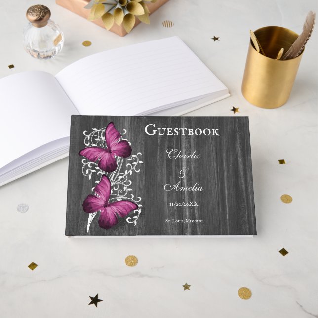 Magenta Rustic Butterfly Wedding Guestbook Gästebuch (Vorderseite Offen)