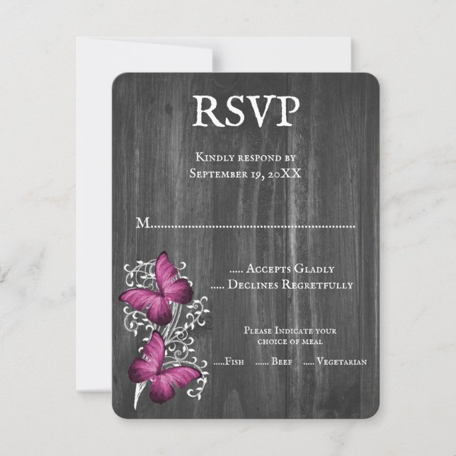 Magenta Rustic Butterfly Wedding RSVP Card Karte (Vorderseite)