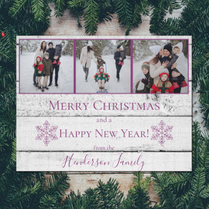 Magenta Rustic Snowflakes Flat Holiday Carte photo