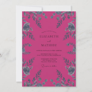 Magenta-Silberblatt-Hochzeit Einladung