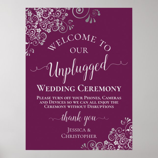 Magenta & Silver Chic Unplugged Wedding Zeremonie Poster (Vorne)