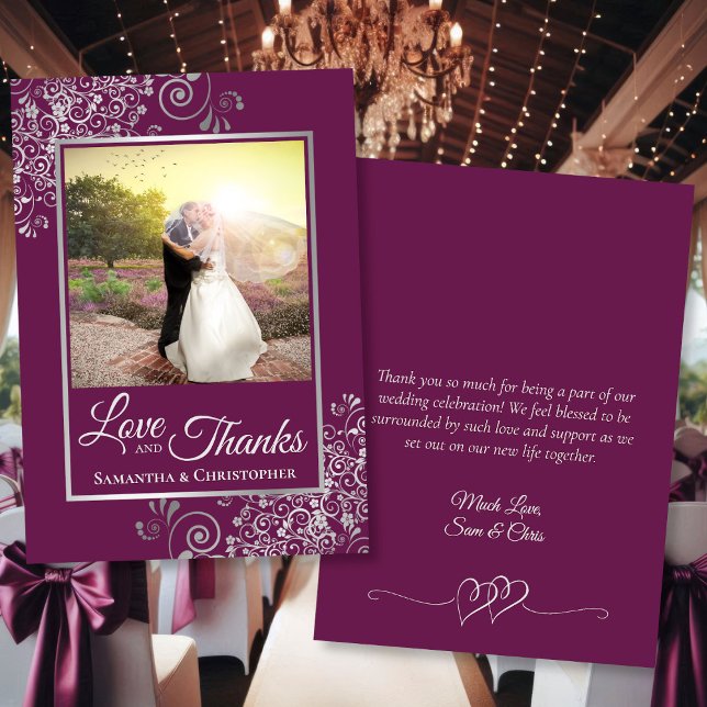 Magenta & Silver Liebe Dank Hochzeitsszenario Foto Dankeskarte (Front/Back)