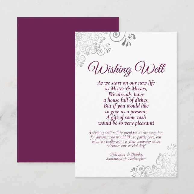 Magenta & Silver White Wedding wünschen gutes Gedi Begleitkarte (Vorne/Hinten)