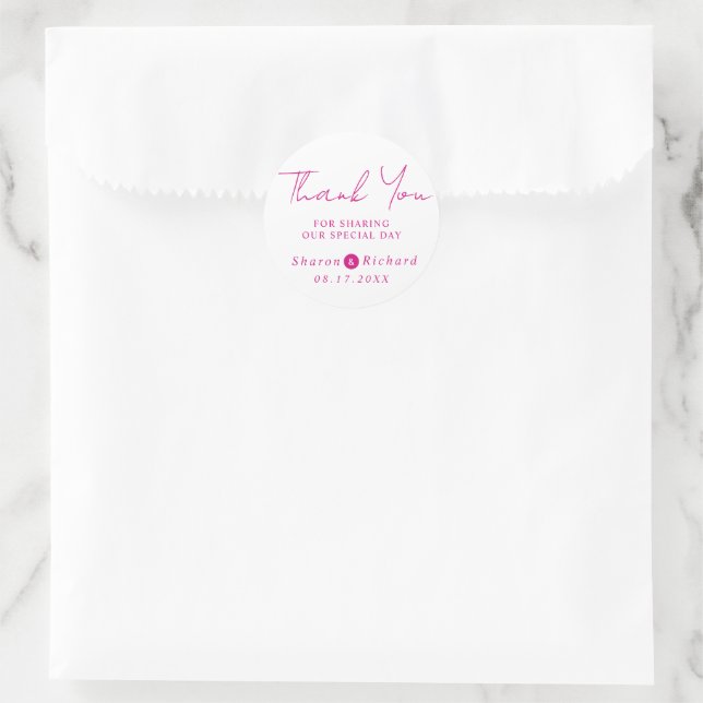 Magenta Skript-Kalligrafie Danke Hochzeit Runder Aufkleber (Tasche)