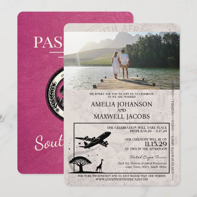 Magenta South Africa Passport Wedding Einladung (Vorne/Hinten)