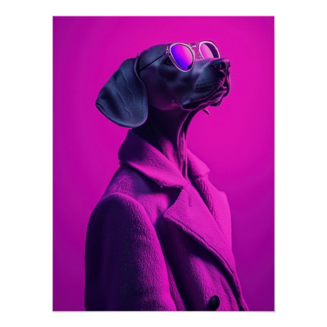 Magenta Swagger: Stylish Weimaraner in Pink Coat Poster (Vorderseite)