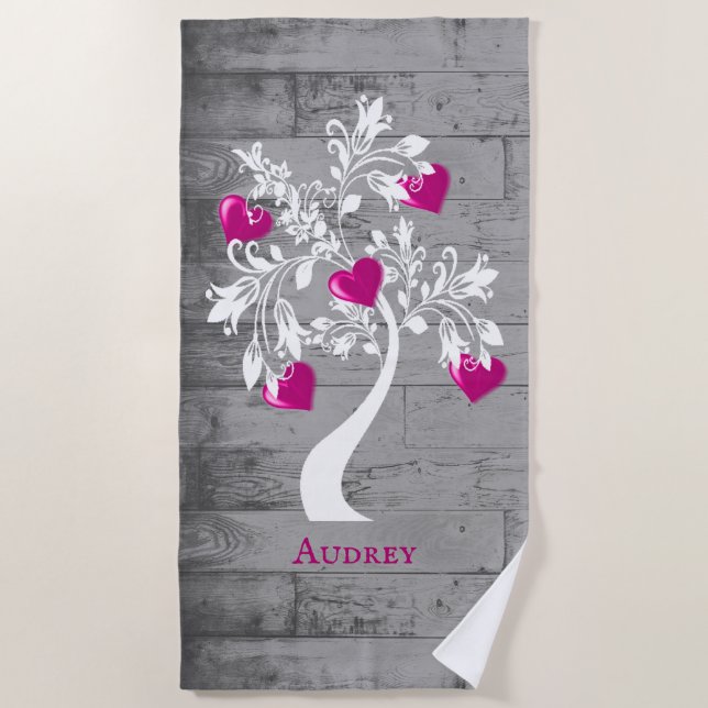 Magenta Tree of Hearts Personalisiert Beach Handtu Strandtuch (Vorderseite)