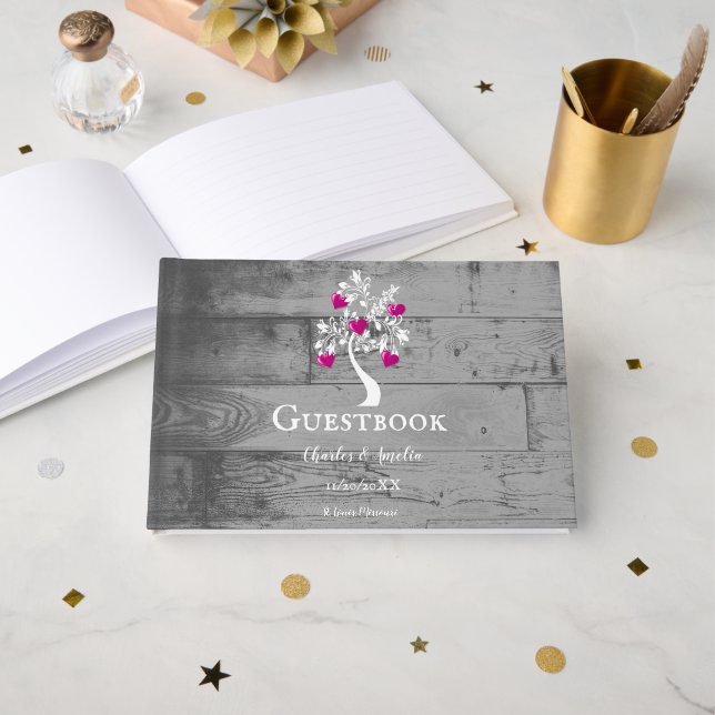 Magenta Tree of Hearts Wedding Guestbook Gästebuch (Vorderseite Offen)