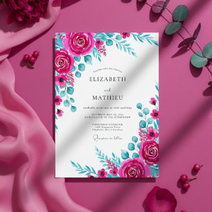 Magenta Türkis Aquarell Blumen Hochzeit Einladung