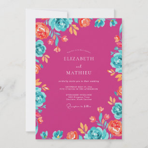 Magenta Türkis Wilde Blumen Hochzeit Einladung