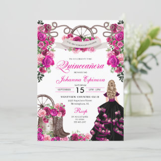 Magenta und Black Cowgirl Western Quinceanera Einladung