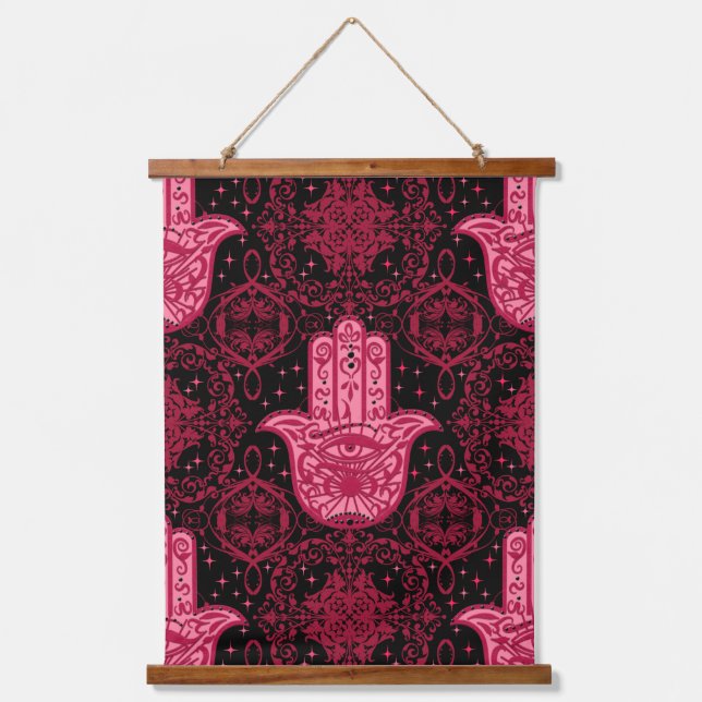 Magenta und Black Hamsa Hand gutes Glück Wandteppich Mit Holzrahmen (Vorderseite)