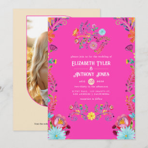 Magenta- und Champagner-Blumen-Mexikanische Fiesta Einladung
