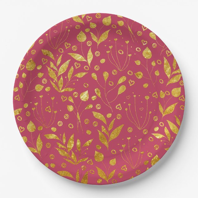 Magenta- und Gold-Blätter Pappteller (Vorderseite)