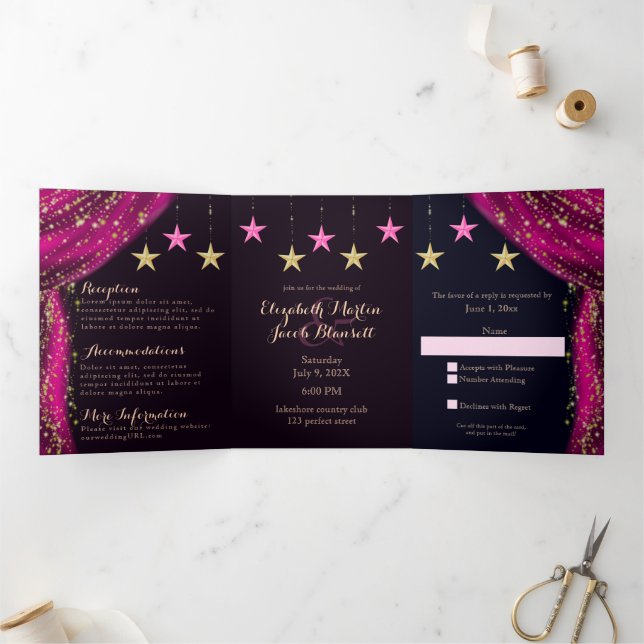 Magenta und Gold in einer Hochzeit Dreifach Gefaltete Einladung (Innenseite)