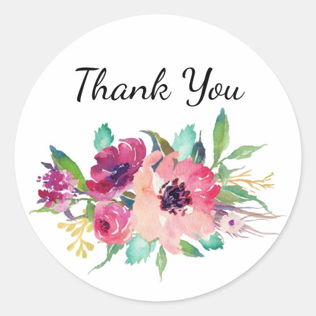 Magenta und Pink Aquarell Floral Vielen Dank Runder Aufkleber (Vorderseite)