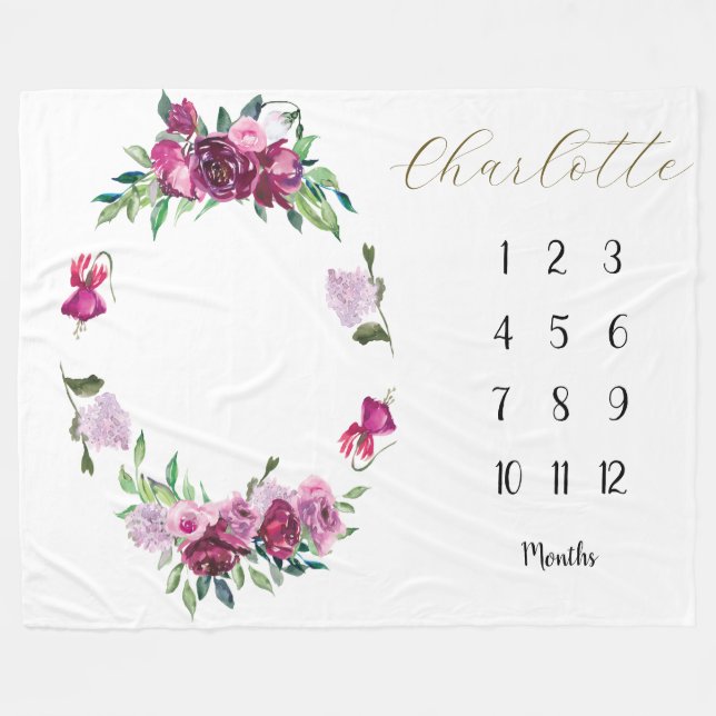 Magenta und Plum floral Baby 1 Jahr Meilenstein Fleecedecke (Vorderseite (Horizontal))