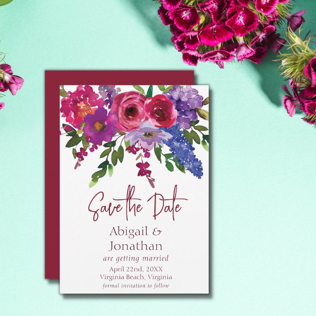 Magenta und Purple Flowers Grüne Blumenzwiebelhoch Save The Date (Von Creator hochgeladen)