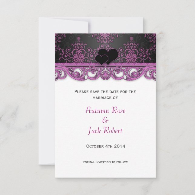 Magenta und schwarze Hochzeit Save the Date (Vorderseite)