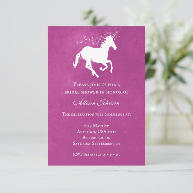 Magenta Unicorn Brautparty Einladung (Stehend Vorderseite)