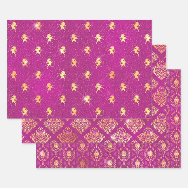 Magenta Unicorn & Gold Damask Pattern Geschenkpapier Set (Set)
