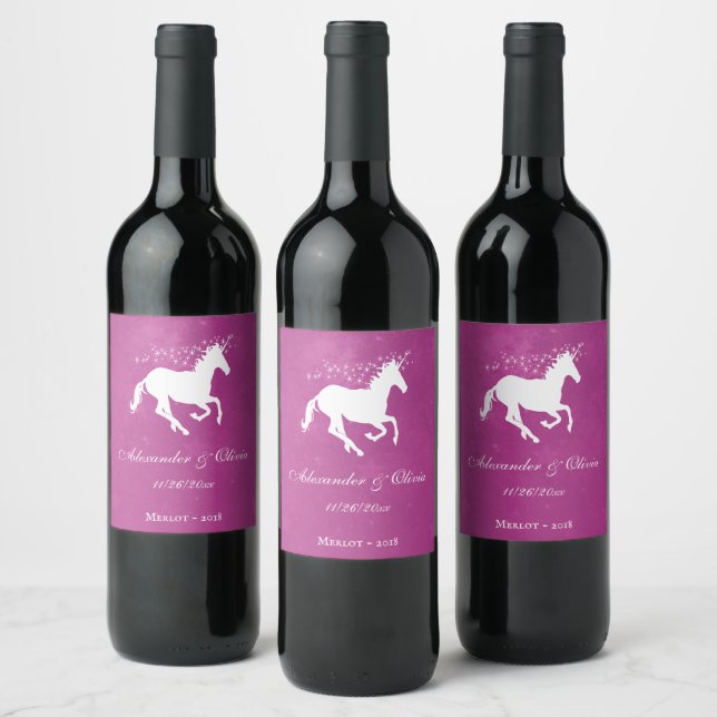 Magenta Unicorn Hochzeitsweinlabel Weinetikett (Flaschen)