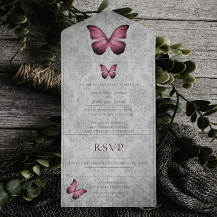 Magenta Vintag Butterfly Damask Wedding All In One Einladung