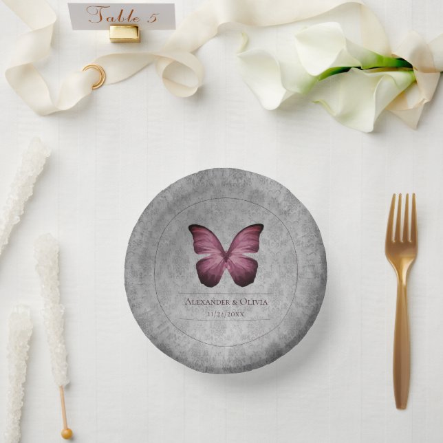 Magenta Vintag Butterfly Damask Wedding Pappteller (Hochzeit)