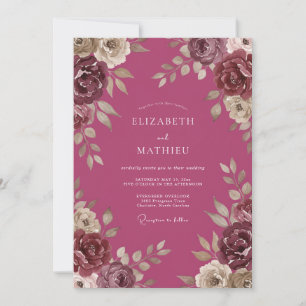 Magenta Vintage-Blumen-Eukalyptus-Hochzeit Einladung