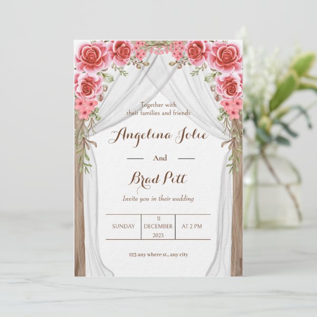 Magenta Vorhang Blautafel Hochzeit Einladung (Stehend Vorderseite)