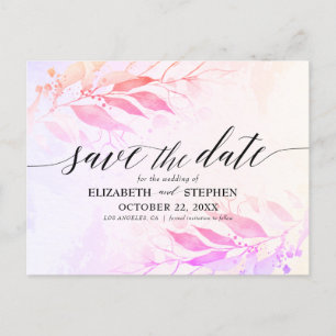 Magenta Wasserfarben-Blätter Hochzeitssache Datum  Postkarte
