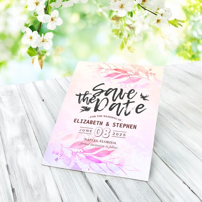 Magenta Wasserfarben-Blätter Hochzeitssache Datum  Save The Date (Von Creator hochgeladen)