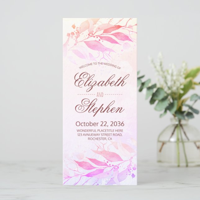 Magenta Watercolor Feuilles Programmes de mariage  (Debout devant)